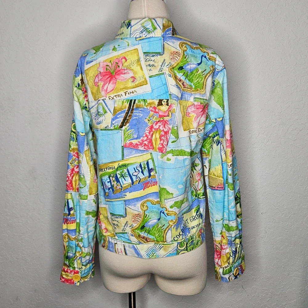 Alexis & Avery Women's Tropical Postcard Print Cotton Button Up Jacket Small